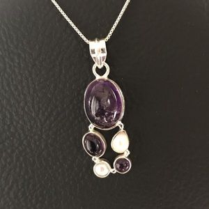 Real AMETHYST & PEARL Genuine GEMSTONES & 925 Sterling Silver PENDANT, 6…